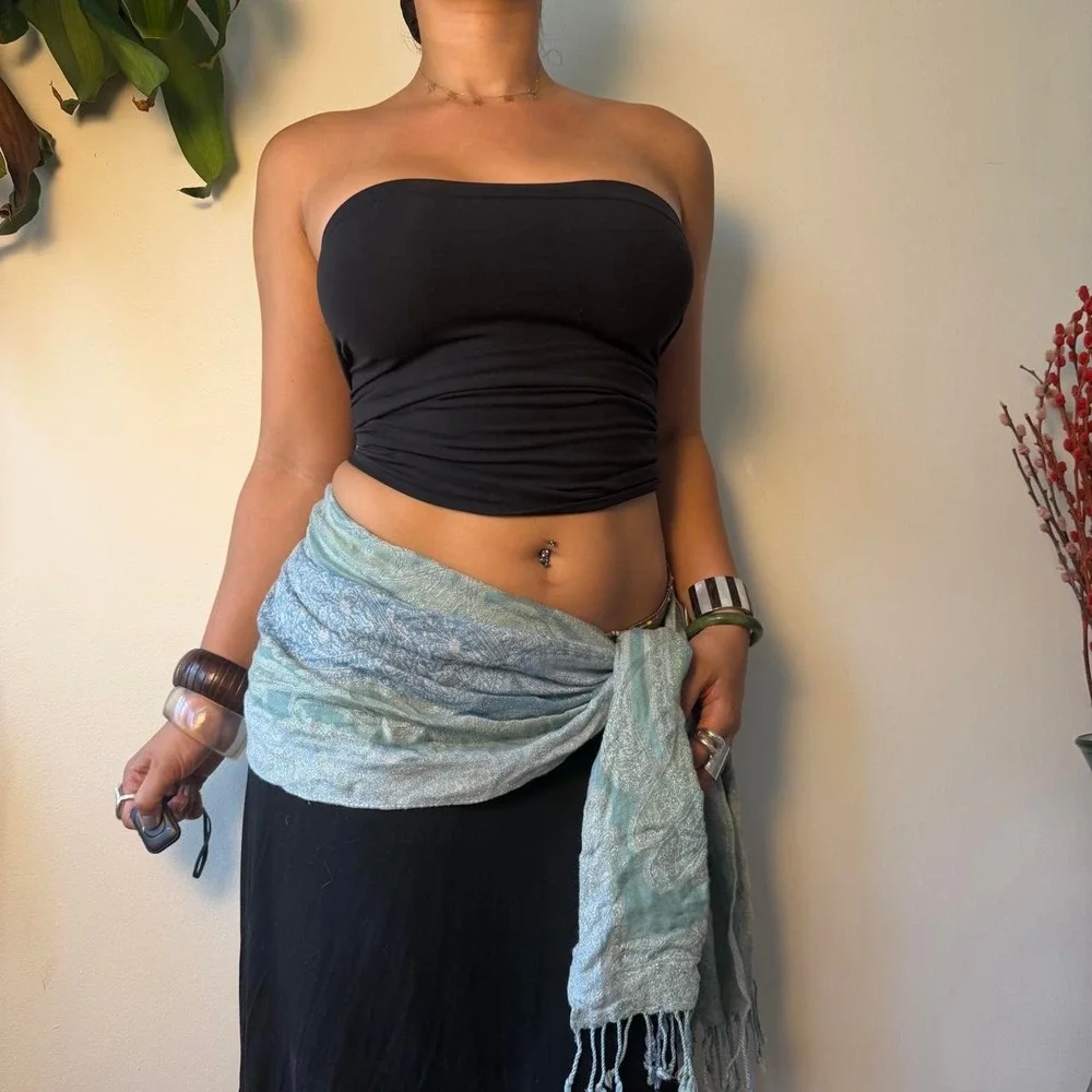 Boho Teal Aqua Paisley Pashmina Scarf Festival Mermaidcore Fringe Wrap